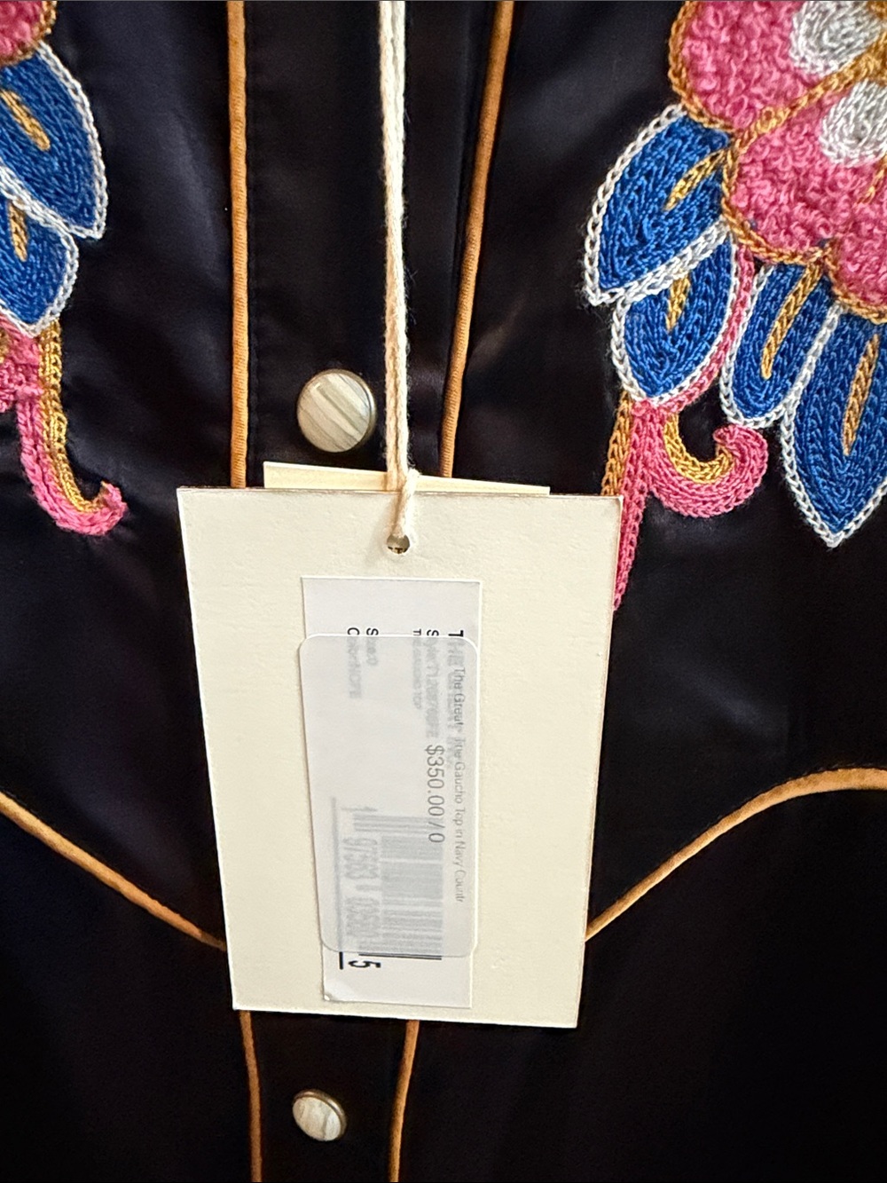 THE GREAT. Black Embroidered Silk Western Blouse with Pink Floral Accents - Picture 2 of 6